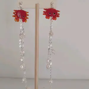 red crab dangle pearl earrings