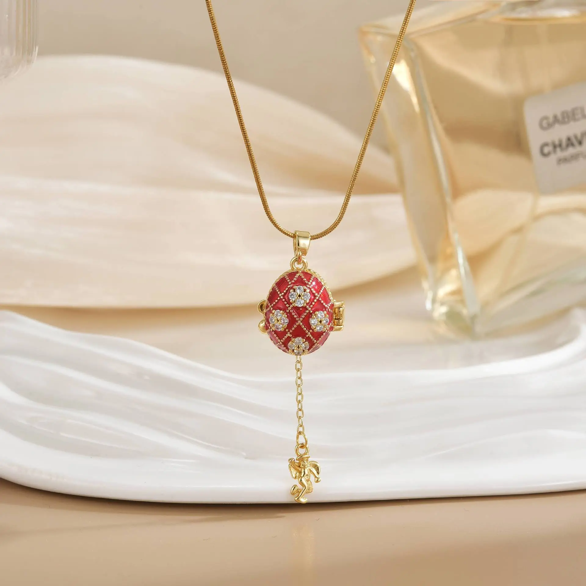 Openable Egg Pendant Necklace - Red Easter Egg, Copper Zircon Stones, Titanium Steel Chain for Casual Youth Daily Wear