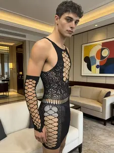 Men's Sexy Mesh Top, Bodycon Knit Stretchy Clothing, Hollow Out Transparent Design, Trendy Men's Fashion Apparel