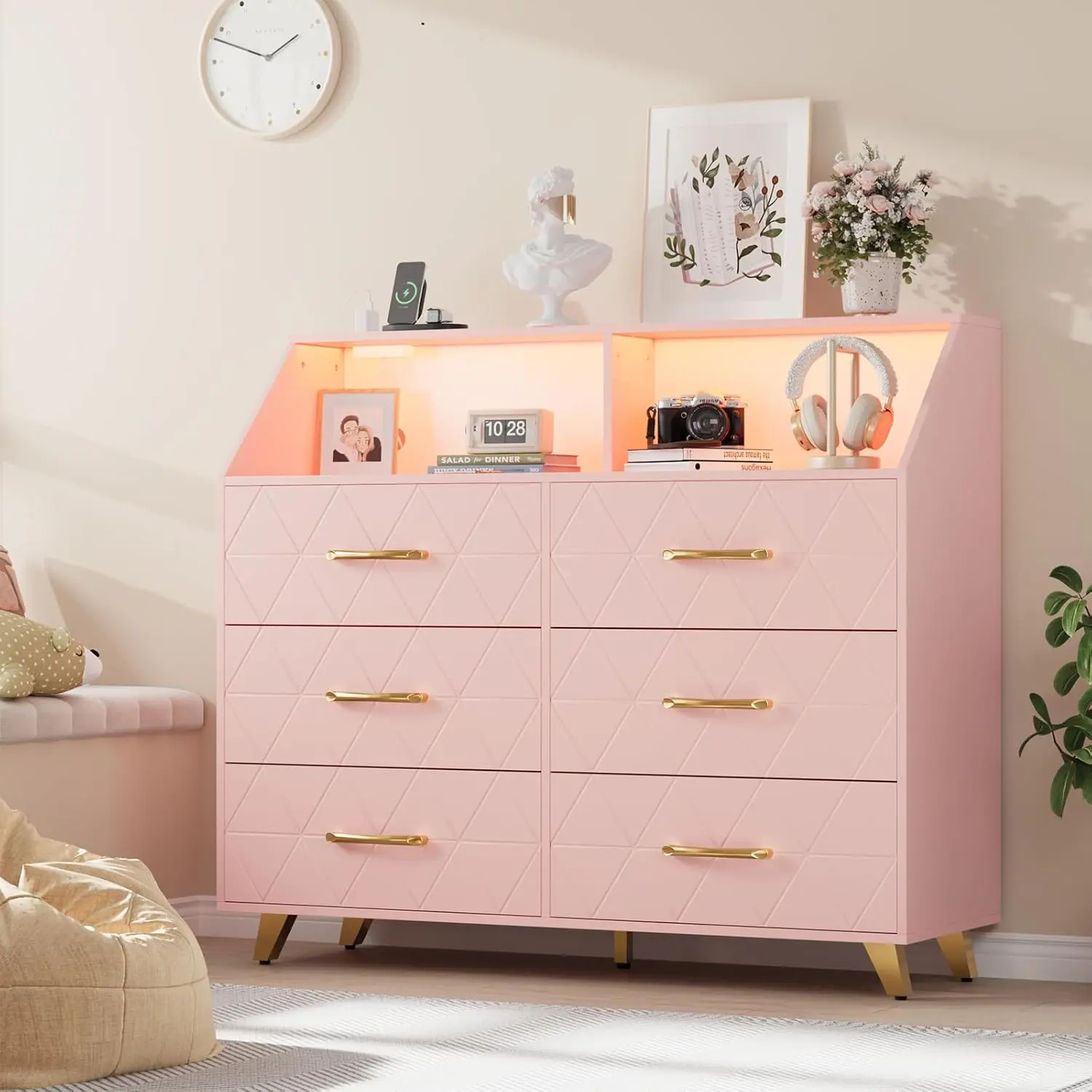 Pink 6-Drawer Wood Cabinet Chest - Clothing Storage Cabinet with LED Lights, Built-in Charging Station for Bedroom, Living Room