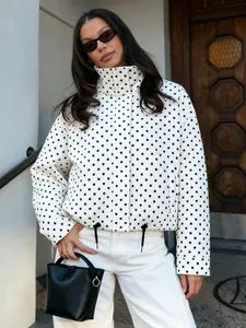 Polka Dot Women's High Neck Spring Jacket Windbreaker Cropped Coat Outdoor Bomber Jackets For Woman Outerwear Streetwear Demi-Season New In Casual Jackets Fashionable Zipper Blue Woman Jackets