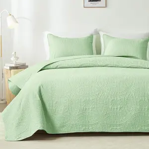 Queen Quilt Bedding Set,Light Green Ultrasonic Full/Queen Quilt Set,Lightweight Soft Bedspread Coverlet,Modern Style Coin Pattern Bed Cover For Seasons,3 Piece(1 Quilt,2 Pillow Shams)