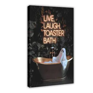 Gothic Ghost Wall Art Funny Live Laugh Toaster Bath Posters Dark Academia Halloween Decor Spooky Witchy Canvas Cute Ghost in Bathtub Prints Pictures for Bathroom Restroom Neon Sign