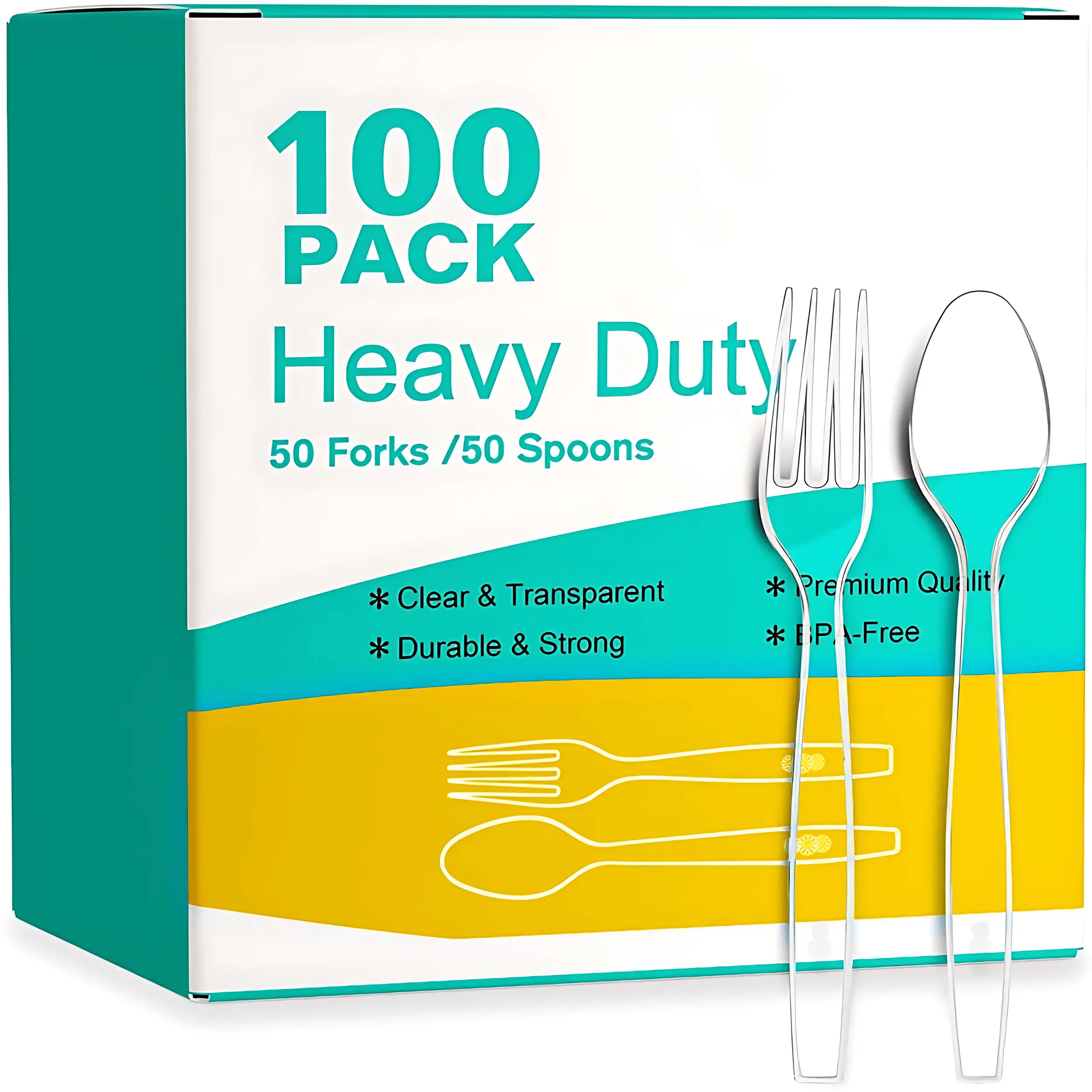100 Count Heavy Duty Plastic Silverware Set Premium Disposable Forks & Spoons, Strong Durable Utensils for Weddings, Parties, Catering & Everyday Use, Bulk Tableware Supplies