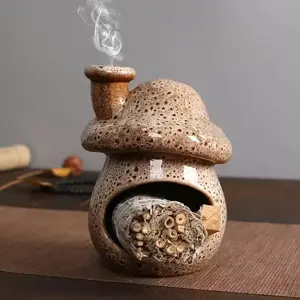Ceramic Incense Burner with Chimney Mushroom Design, 3-In-1 Handmade Incense Holder for Cone, Sage & Palo Santo, Ideal Gift for Home Decor