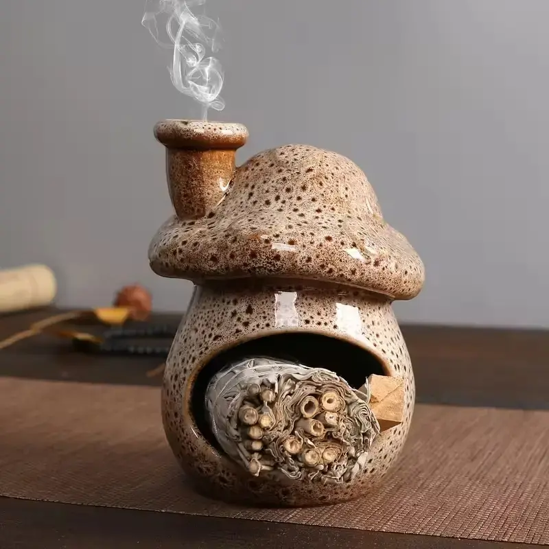 Handmade Ceramic Mushroom-Shape Chimney Incense Burner - 3-in-1 Household Scented Holder for Cone/Sage/Palo Santo, Aromatherapy Oil Burner, Home Apothecary Room Decor Gift