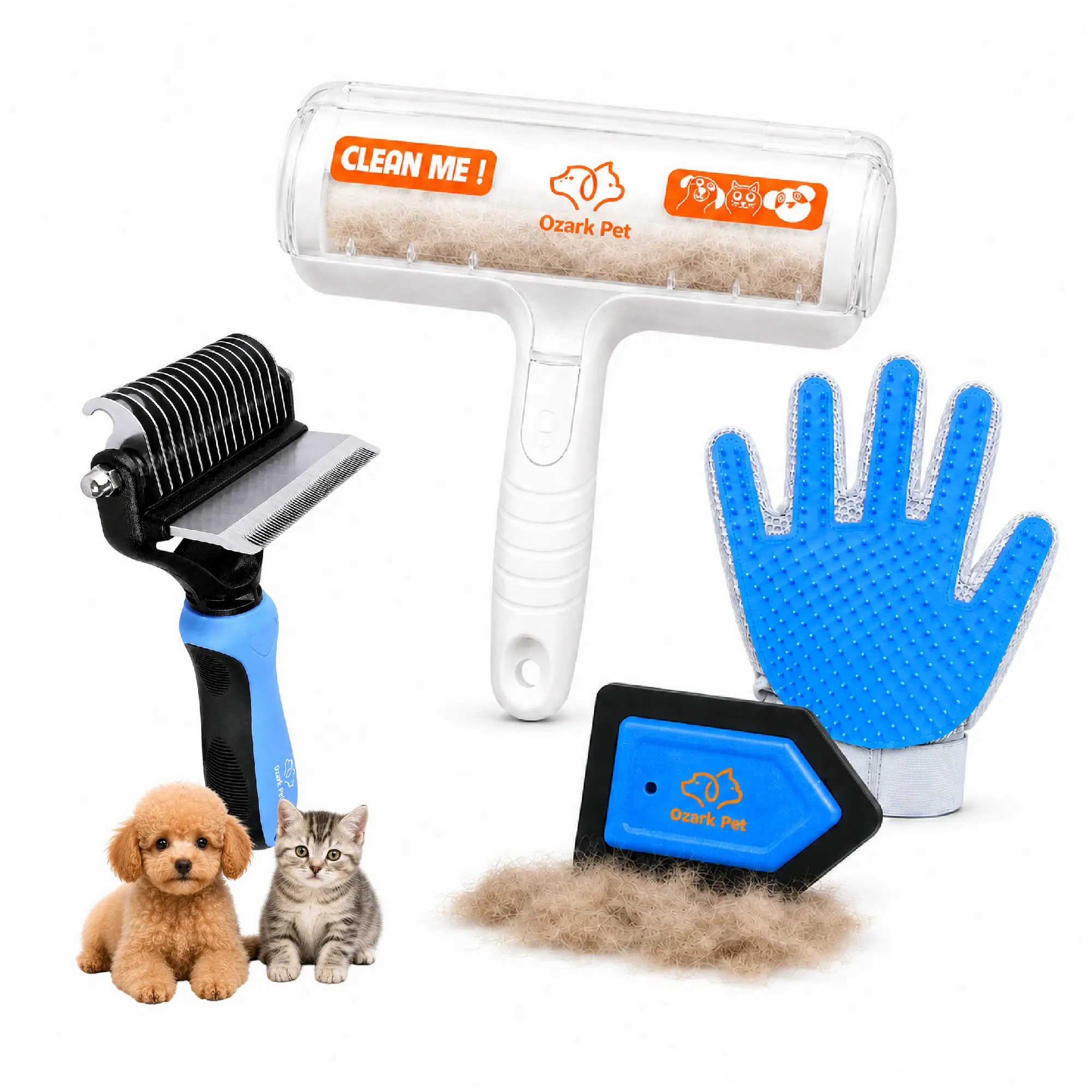 [4-in-1] Pet Hair Remover Kit for Dogs & Cats | Grooming Glove, Deshedding Brush, Reusable Lint Roller & Detail Cleaner Tool for Furniture, Carpet & Car Interior