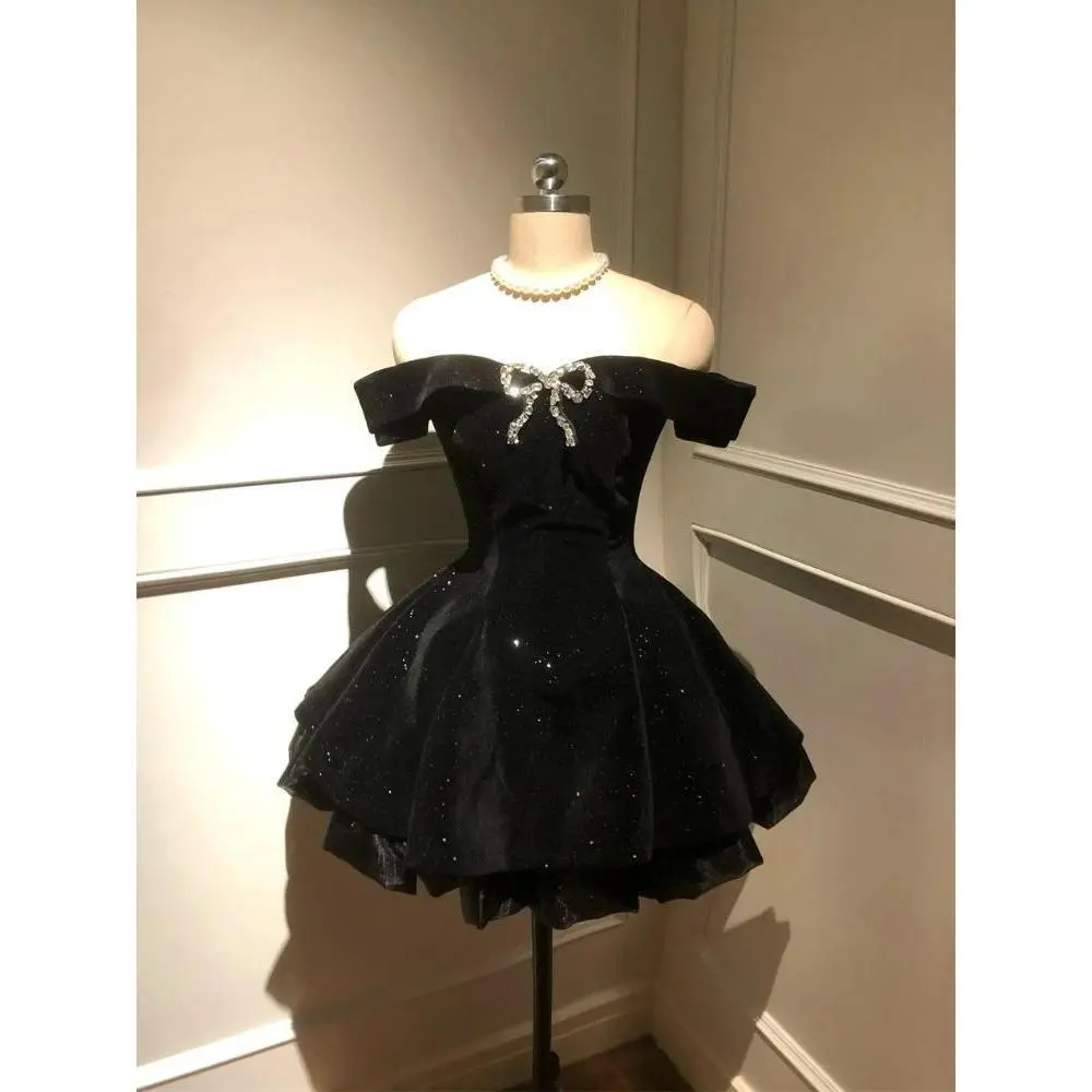 Black French Vintage Elegant Design Woman Dress Gothic Off Shoulder Retro Mini Dress Female Fairy Birthday Party Chic Outfits