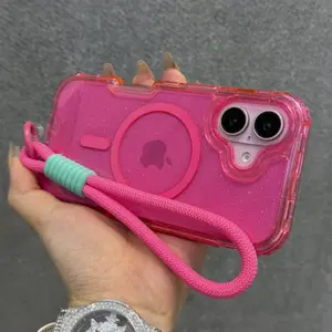 Glitter Transparent Magnetic For Magsafe Case For iPhone 16 15 14 Plus 13 12 Pro Max Wrist Strap Lanyard Shockproof Armor Cover
