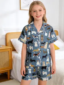 Kids Pajama Set, Cartoon Dog Pattern, Loose-Fit Short Sleeve, Fire-Resistant Fabric, All Seasons, Party Gift, Funny Pajamas, Boys & Girls