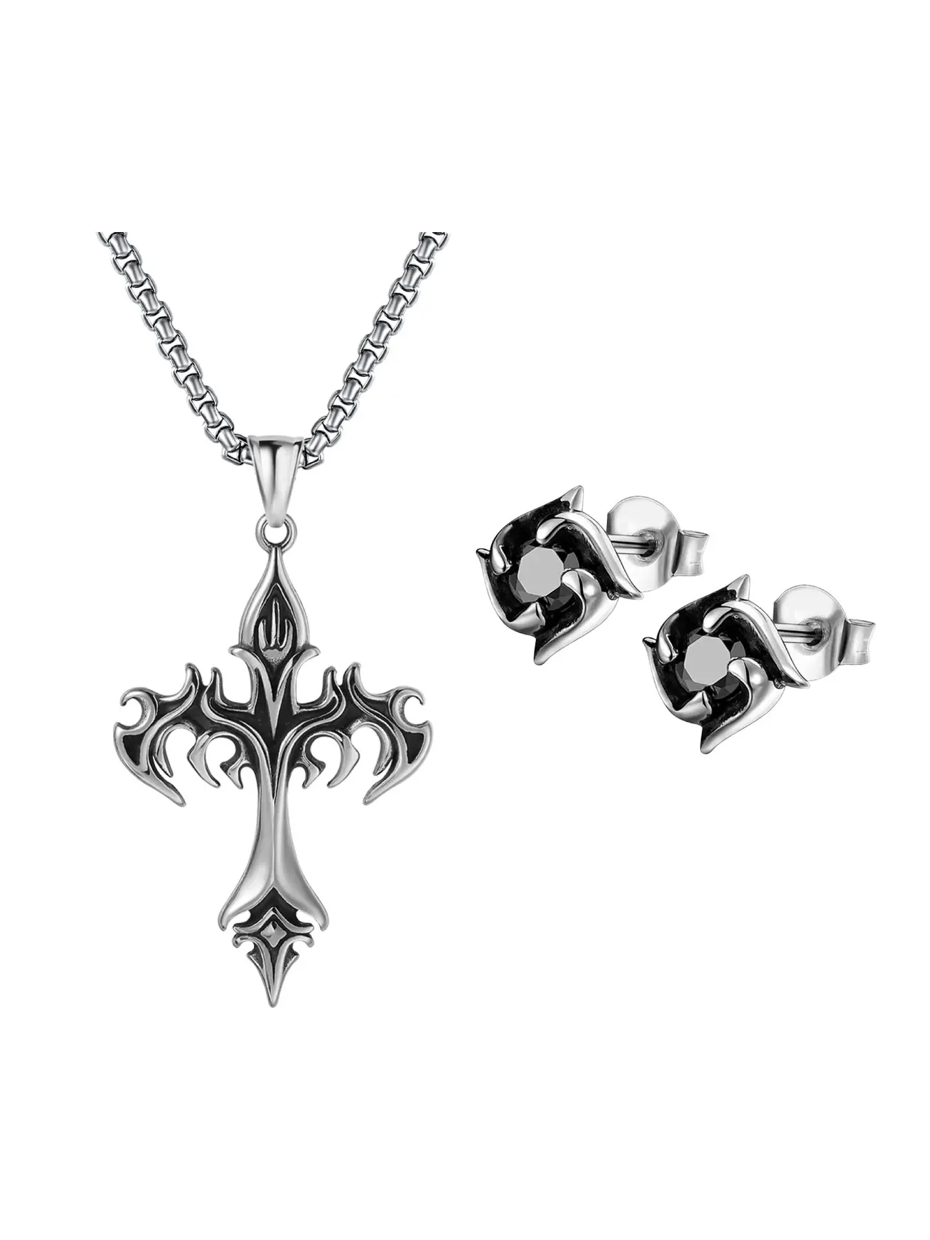 Vintage Flame Cross Pendant Necklace and Windmill Earrings Set, Unisex Fashion Jewelry, Perfect Gift for Daily and Special Occasions