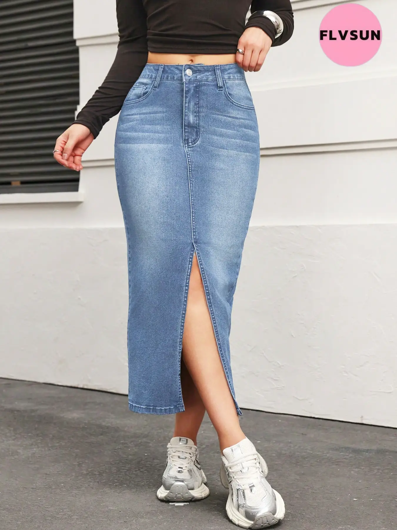 Flvsun Women's High-Waisted Denim Jean Buttons Skirt - Chic Button-Front Knee-Length A-Line Bottom with Slit, Plain Solid Polyester Fabric, Minimalist Elegant Basic, Machine Washable Casual Attire, Buttons Skirts