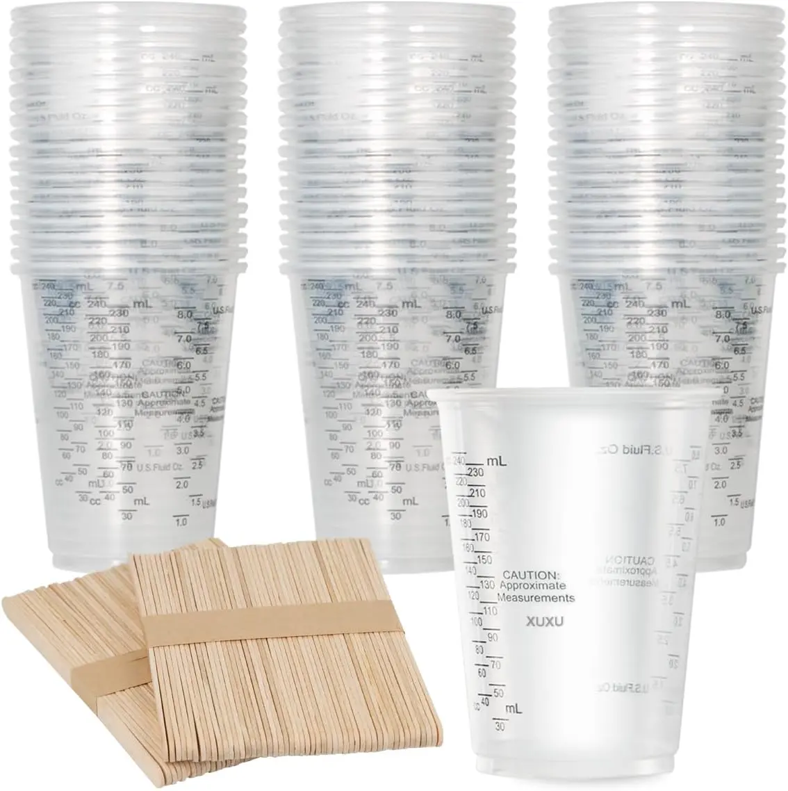 100 Packs 8oz Graduated Clear Plastic Measuring Cups with 100pcs Wooden Stirring Sticks for Mixing Paint, Pigments, Epoxy Resins, Resins
