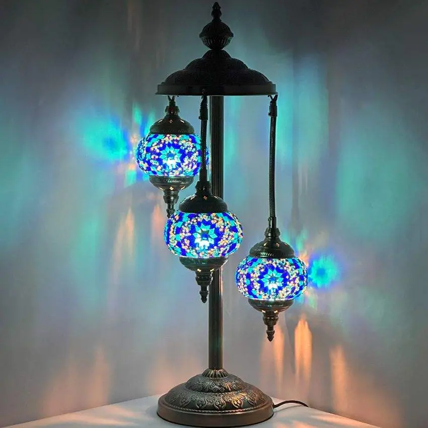 Blue Star Magic: Moroccan-Style Turkish Mosaic Floor Lamp with 3 Globes