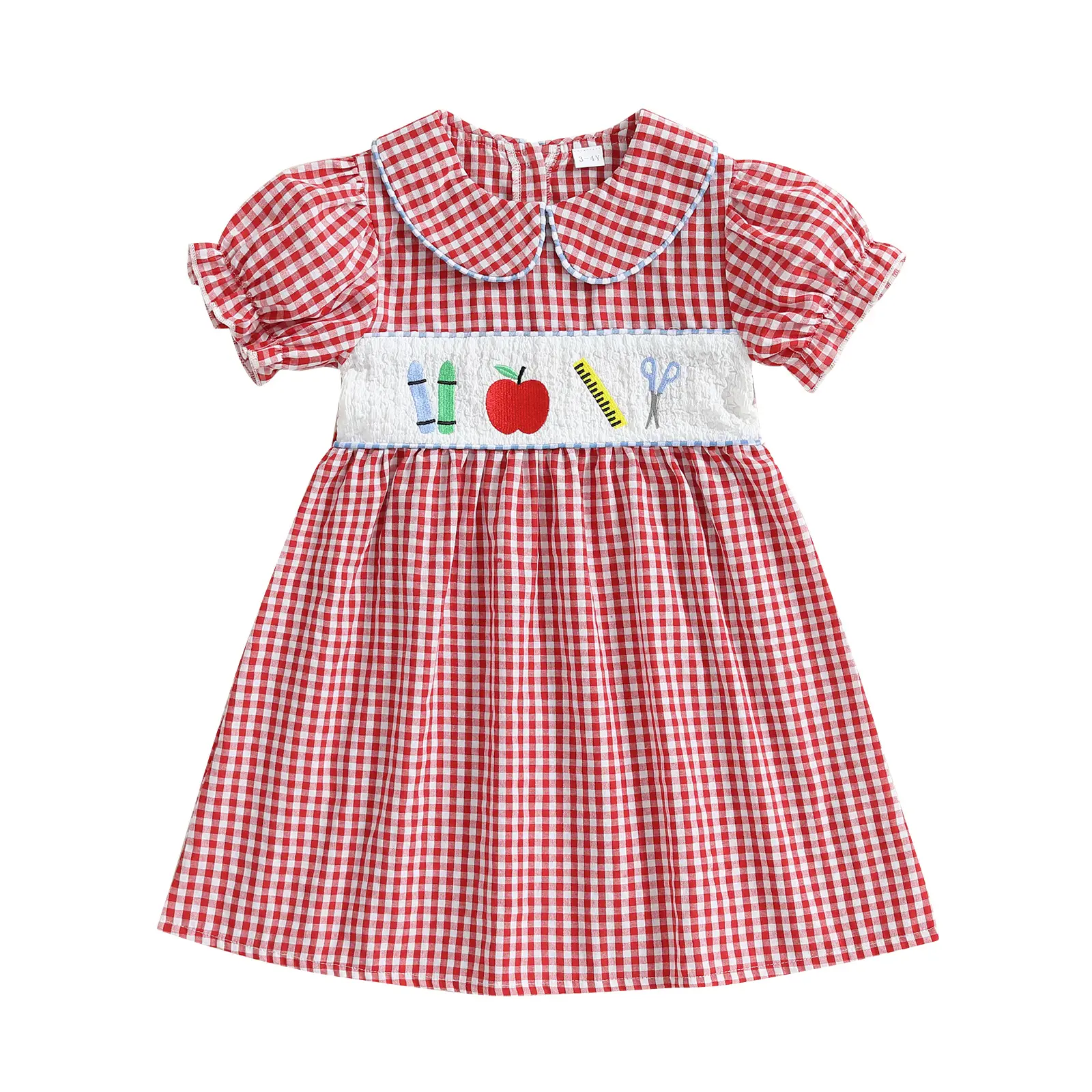 Little Girl Back to School Dress A Line Loose Fit Embroidered Plaid Doll Collar Bubble Short Sleeve Dress for Summer