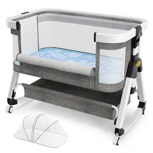 3 in 1 Baby Bassinet,Bedside Sleeper with Storage Basket and Wheels,Portable Baby Crib with Mosquito Net, 6 Adjustable Height & Breathable Mesh,Easy to Fold