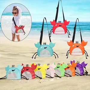 Cute Crab Design Beach Bag, Foldable Polyester Crossbody Shell Bag with Adjustable Strap, Mesh Pocket, Zip Closure Beach Bag for Outdoor