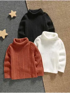 3-piece high neck long sleeved casual top for toddlers, autumn and winter season, solid color combination, casual and versatile, comfortable and soft, girls' clothing