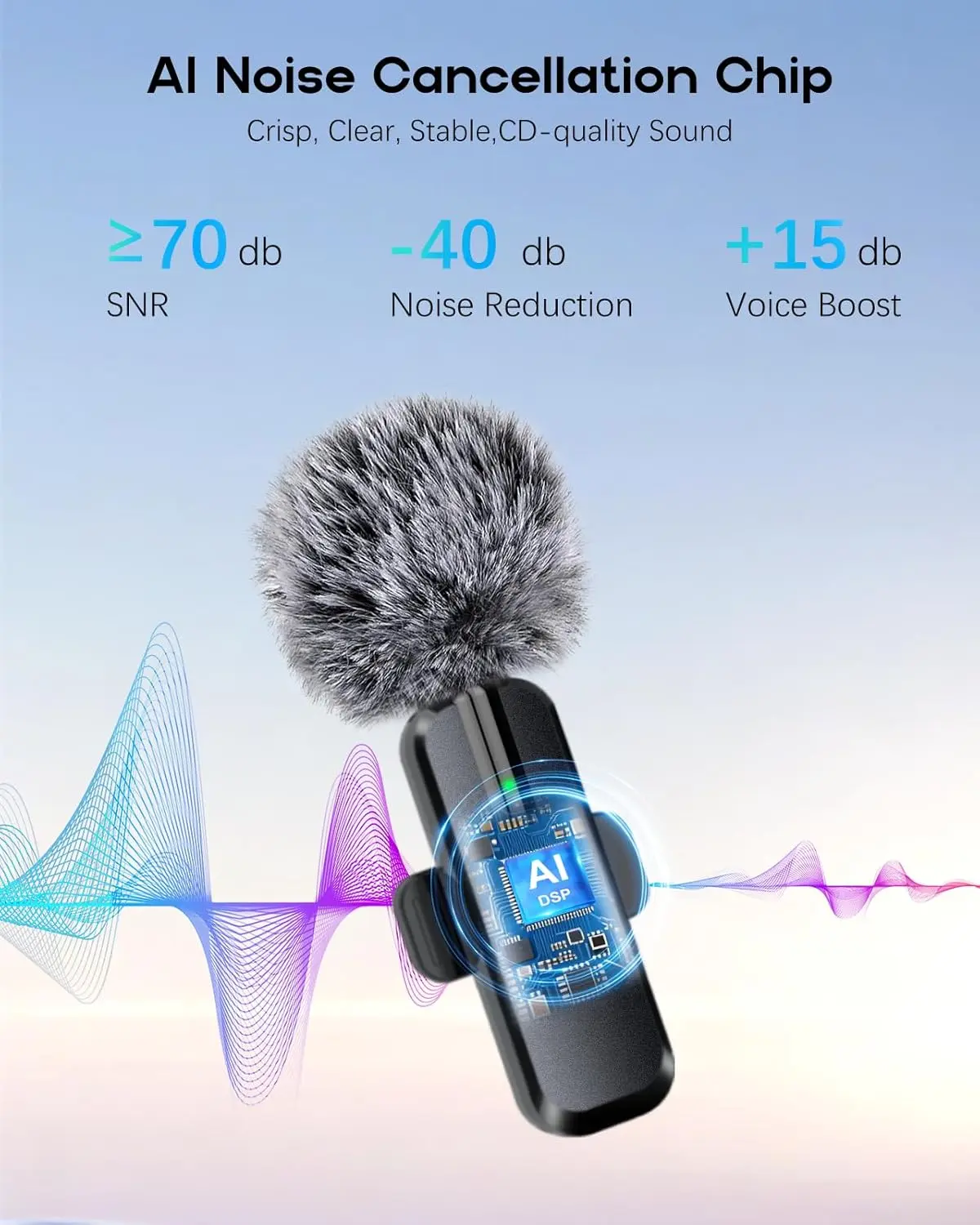 2-Pack Wireless Mini Lavalier Bluetooth Microphone Durable Noise Reduction Clip-On Mic for Smartphones Tablets Audio Recording Camera Use Content Creators