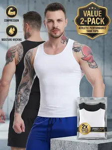 Men's 2-Pack Athletic Performance Tank Tops - Slim Fit Compression Gym Undershirts, Moisture-Wicking Spandex Body Shaping Muscle Vests Bundle (Black & White)