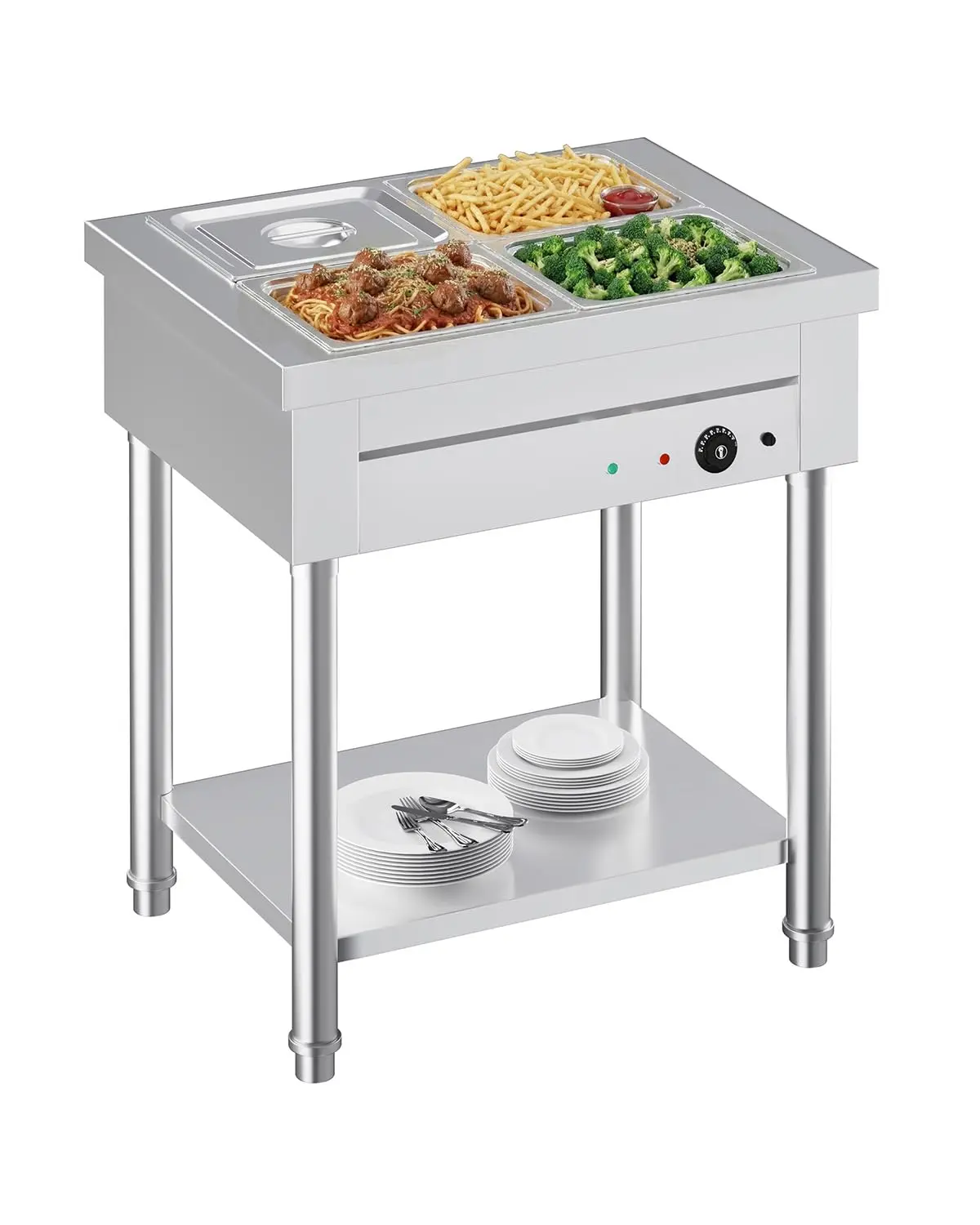 1500W Commercial Food Warmer Stainless Steel Steam Table with Storage Shelf for Restaurant Catering Party