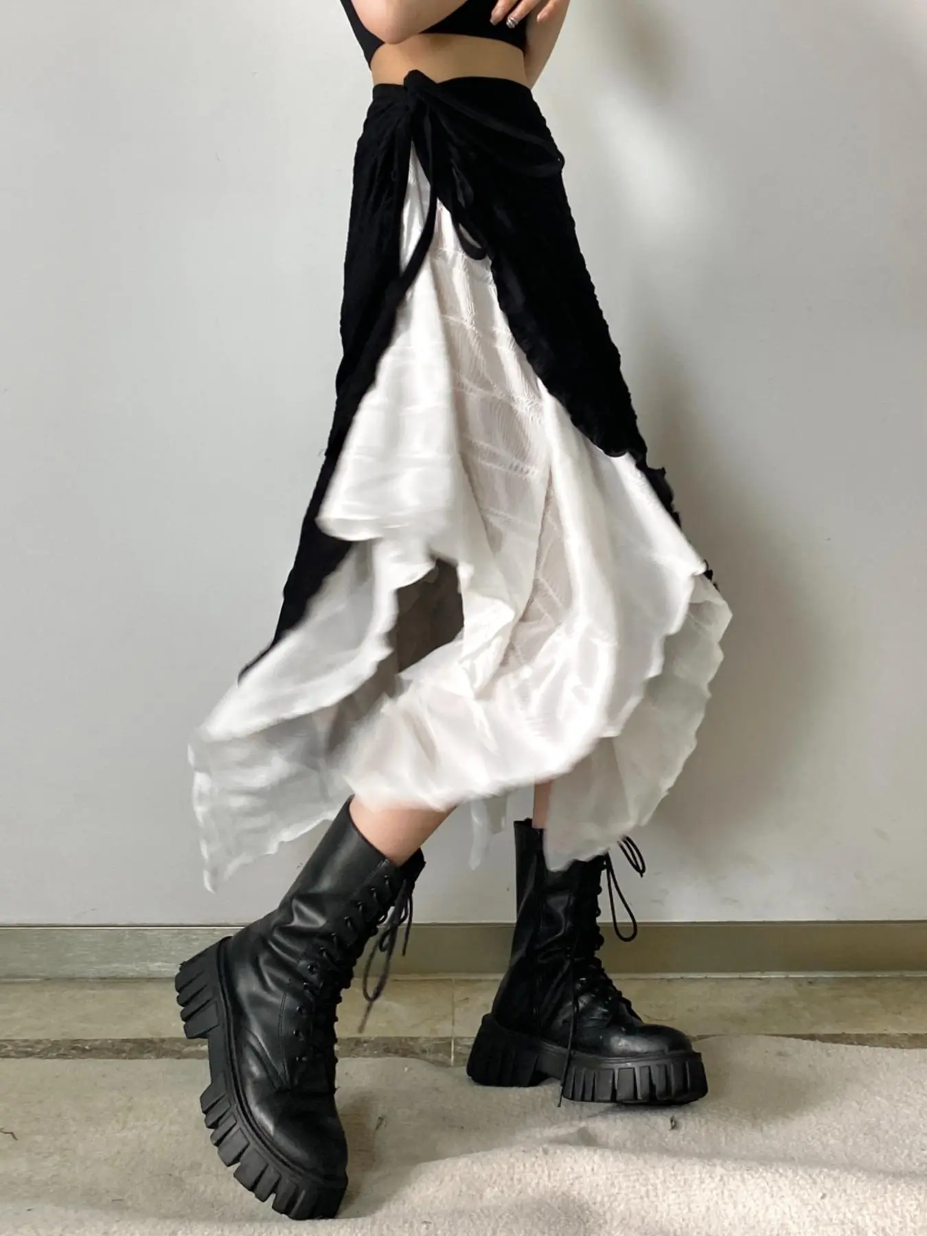 Women's Solid Textured Fabric Asymmetrical Hem Tiered Layered Stretchy Fit Skirt, Casual High Waist Knot Side Midi Skirt, Ladies Bottoms for Daily Wear, Multilayer Cake Skirt