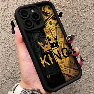 Golden Money King Pattern Phone Case for iPhone 16 15 14 Pro Max 13 12 11 XR XS Plus Shockproof Non Slip Military-Grade Protection Silicone Cover Protective Smartphone Casing