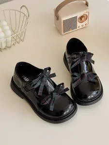 Elegant Plaid Pattern Flats Bow Toddler Shoes with Buckle Closure, Soft Sole for School and Outdoors, Versatile Kids' Footwear