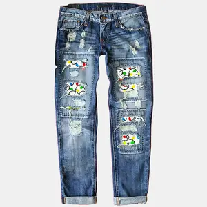 Christmas Holiday Ripped Colorful Light Printed Mid Waist Straight Leg Jeans Pants Women Denim Trousers with Festive Design Blue Fitted Style Womenswear Bottom