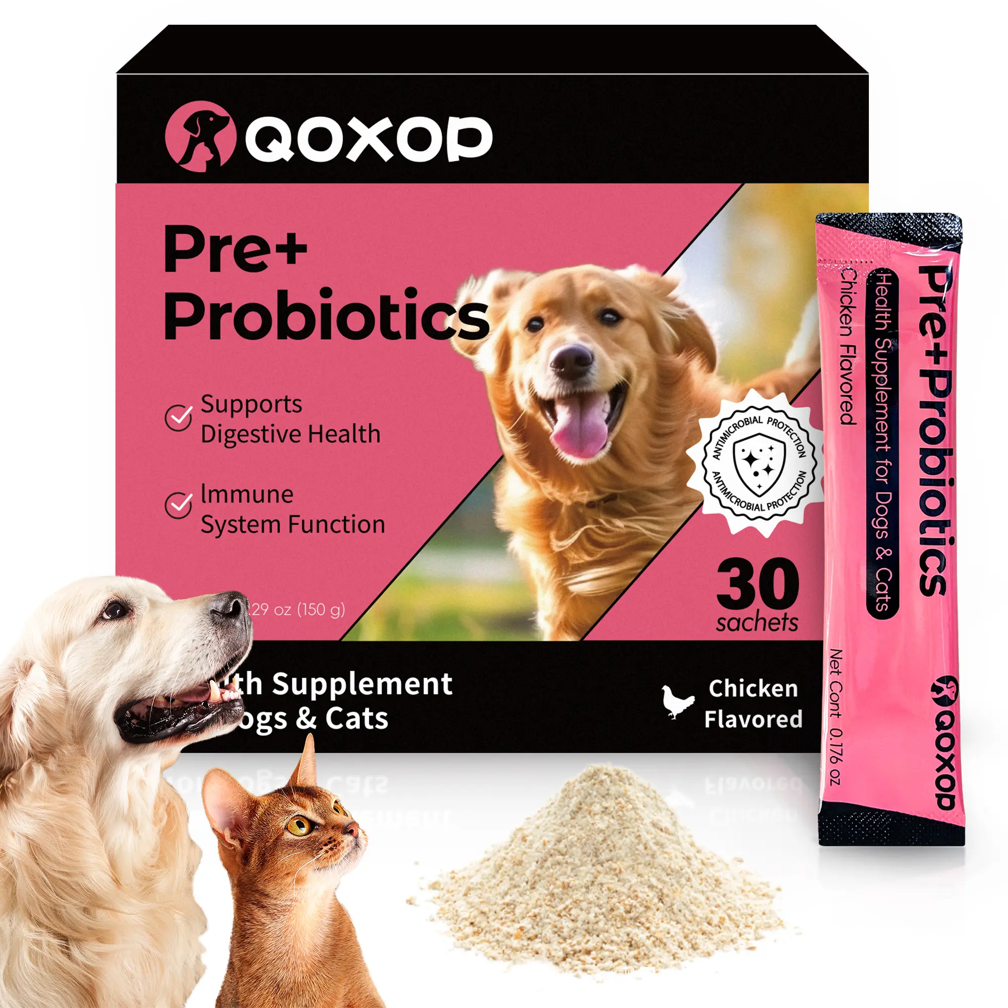 Dog & Cat Gut Support Probiotic Mix - Canine Nutritional Supplement with B6, B1, Maltodextrin, Lactobacillus Acidophilus, Multi-Strain Prebiotics, Chicken Flavor, 150g, 24-Month Shelf Life - 30 Sachets/Box, Vitamin B1
