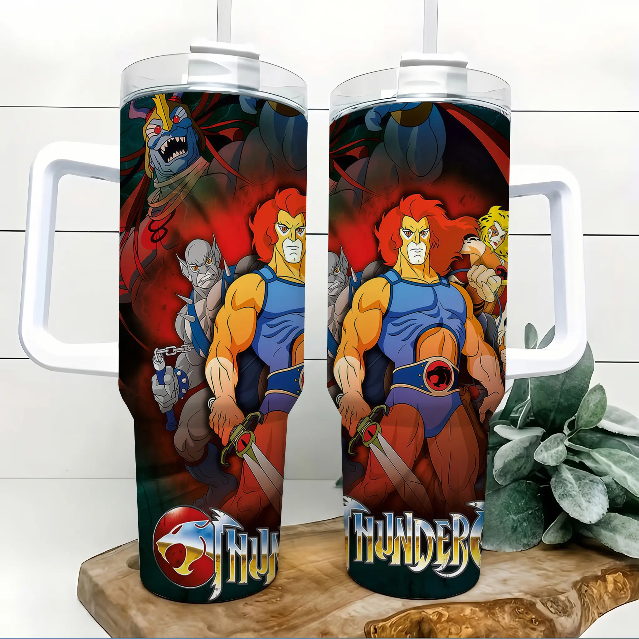 ThunderCats Inspired 40oz Insulated Tumbler with Handle and Straw Retro 80s Lion Warrior Cartoon Team Battle Red Black Stainless Steel Water Bottle Travel Mug Birthday Gift for Men Cartoon Fans