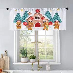 1pc Christmas and New Year printed kitchen curtains Watercolor Illustration Gingerbread and curtains valance window treatment living room bedroom home decor Home Decoration Curtain 54 x 18 inch