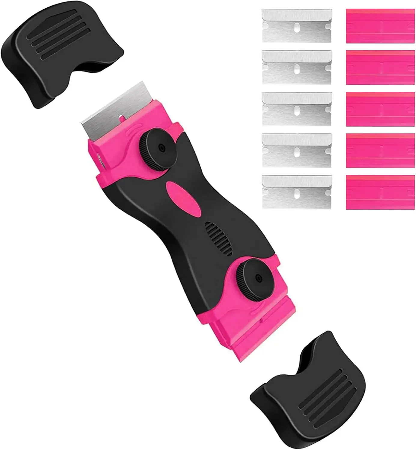 Razor Blade Scraper, Double Edged Razorblade Scraping Tool with 10 Pcs Razor Blades, Paint Scraper for Glass, Decals, Tint, Stickers, Labels, Caulk, Adhesive(Pink) Reusable Henna Tattoo Stencil Kit Telescopic Thicken Pool Cleaning Pole