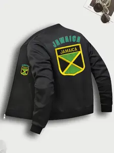 Women's Long Sleeve Fitted Zipper Jacket, Jamaica Print Design, Comfortable Casual Workwear & Daily Wear, Fall Winter Fashion