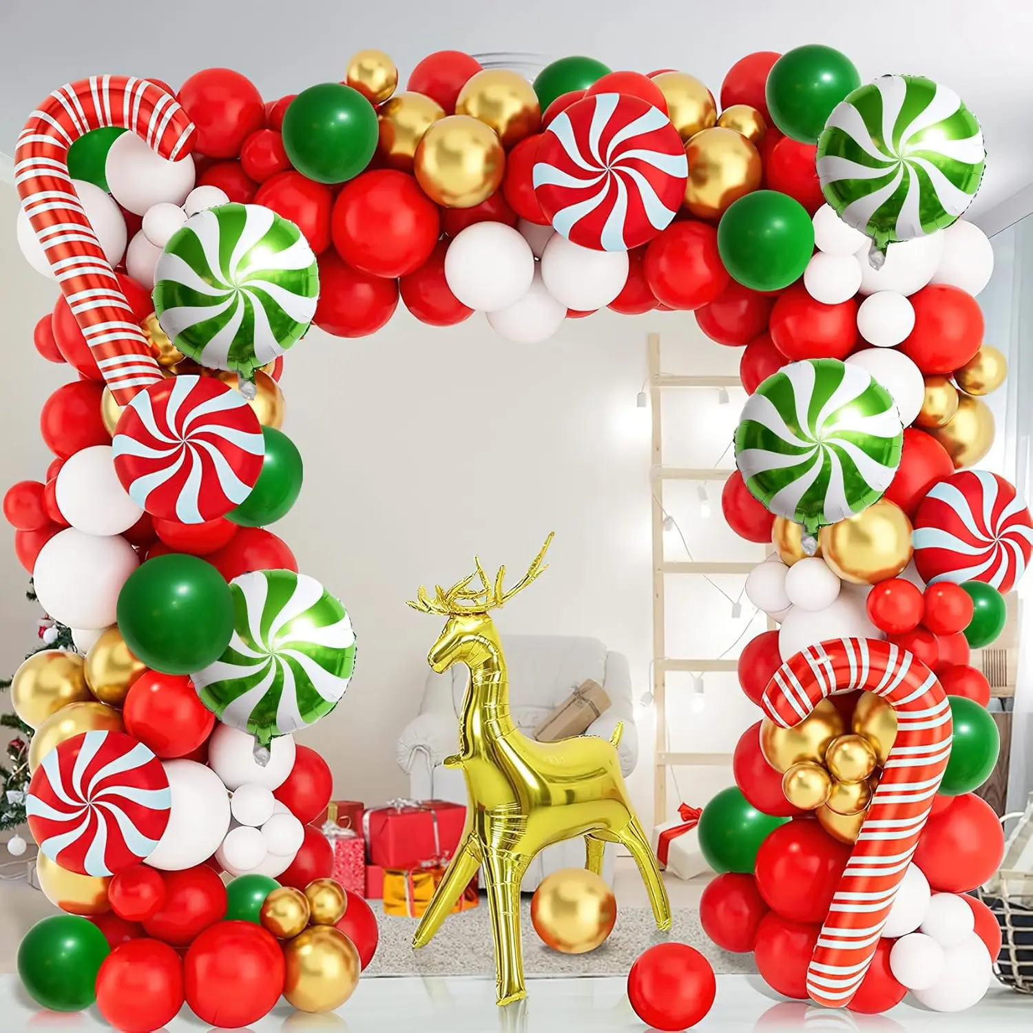126 Pcs Red Green White Christmas Balloon Garland Arch Kit, Gingerbread Holiday Balloon Arch Kit Xmas Christmas Decorations Balloons Christmas Party Garland Balloons Candy Cane Balloon Arch Kit