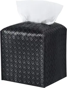 Tissue Box Cover – Modern PU Leather Square Tissue Holder, Decorative Paper Organizer for Bathroom, Vanity Countertop, Nightstand, Office Desk & Car,  (Black)