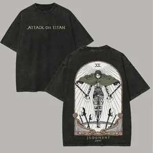 Men's Oversized Short-Sleeve Graphic T-Shirt - Casual Round Neck, Retro Washed Black Distressed, Anime Theme Attack On Titan Levi Ackerman Judgment Tarot Card Print, Unisex Japanese Manga Streetwear Top For AOT Fans, Shortsleeve