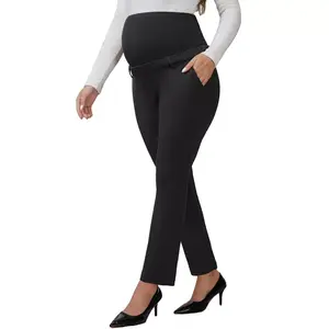 INSPIRE CHIC Women's Maternity Pants for Work Over the Belly High Waisted Office Pregnancy Trousers with Pockets Small Black