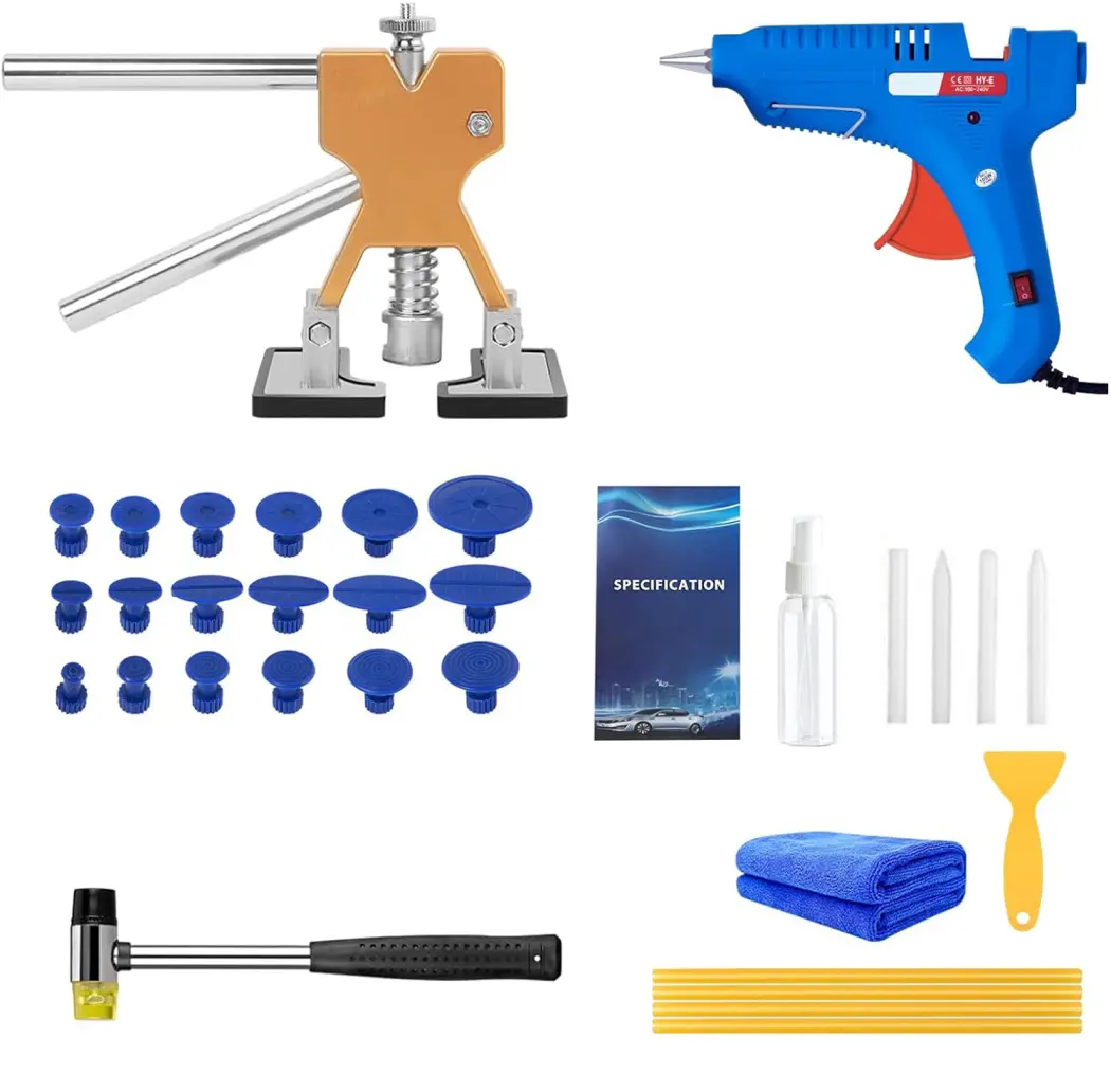 AGSION 34 PCS Dent Removal Kit, Paintless Dent Repair Kit with Golden Lifter, Bridge Puller, Slide Hammer T-bar Dent Puller, Suction Cup Dent Puller for Auto Body Dents, Hail Damage, Door Ding ﻿