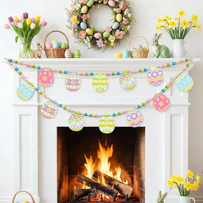 6.56 ft Wooden Bead Easter Egg Garland, Colorful Hanging Ornaments for Wall, Fireplace, Shelf - Indoor Outdoor Home Party Festive Decor, Ideal Gift
