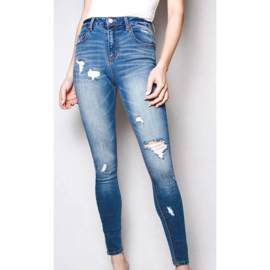 Women's High Waisted Medium Blue Distressed Skinny Jeans