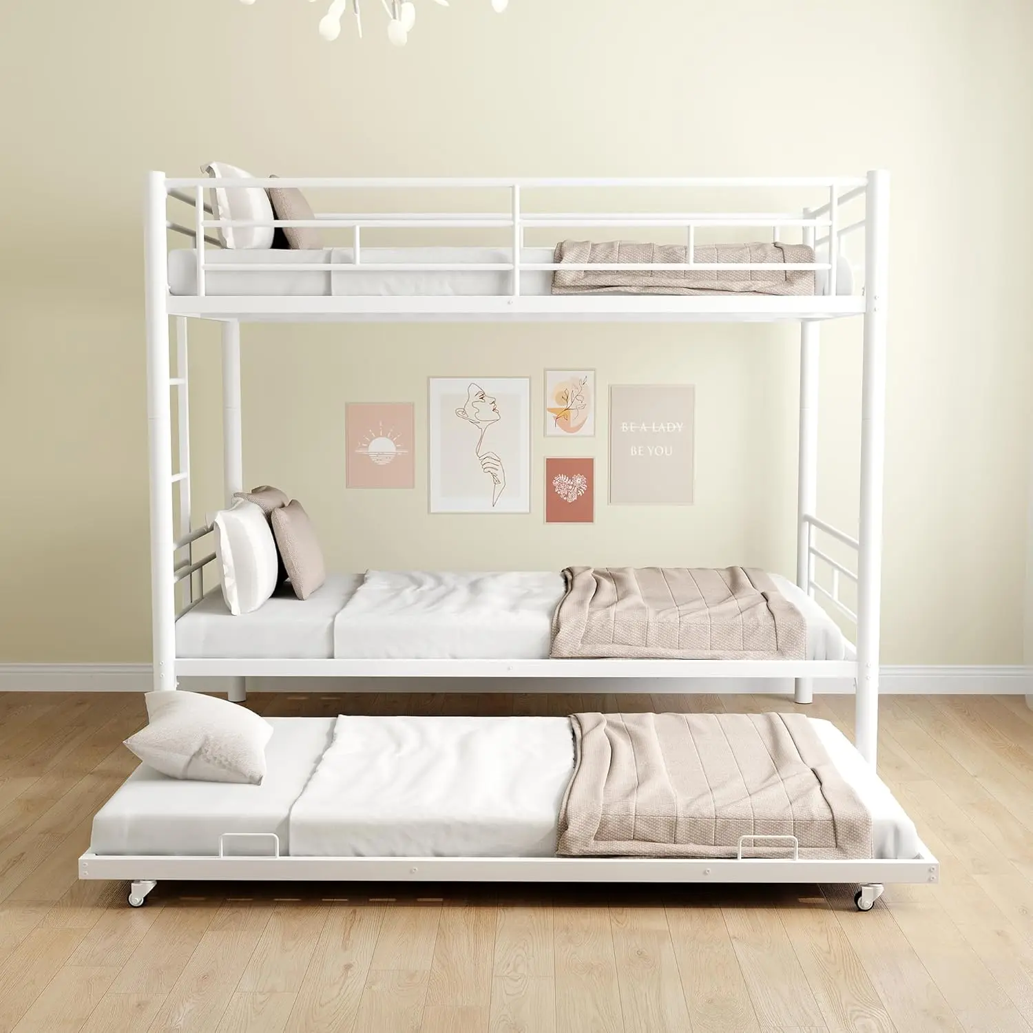 Twin Over Twin Metal Bunk Bed with Trundle, Heavy Duty Sturdy Frame, Side Ladder, Safety Guardrails, Convertible, No Box Spring Needed, 77"l x 40.3"w x 61.4"h, 82.34 lbs, Assembled Separately, White Family Room Furniture
