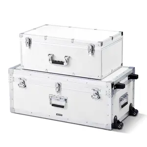 VEVOR 2-Piece Durable Metal Organizer Storage Trunk Set, Wooden Suitcase Boxes with Padlocks, Extra-Large Chest with Casters & 3 Metal Handles, Decorative Lidded All-Purpose Durability Storage Boxes for Apartment, Dorm | Father's Day Gift
