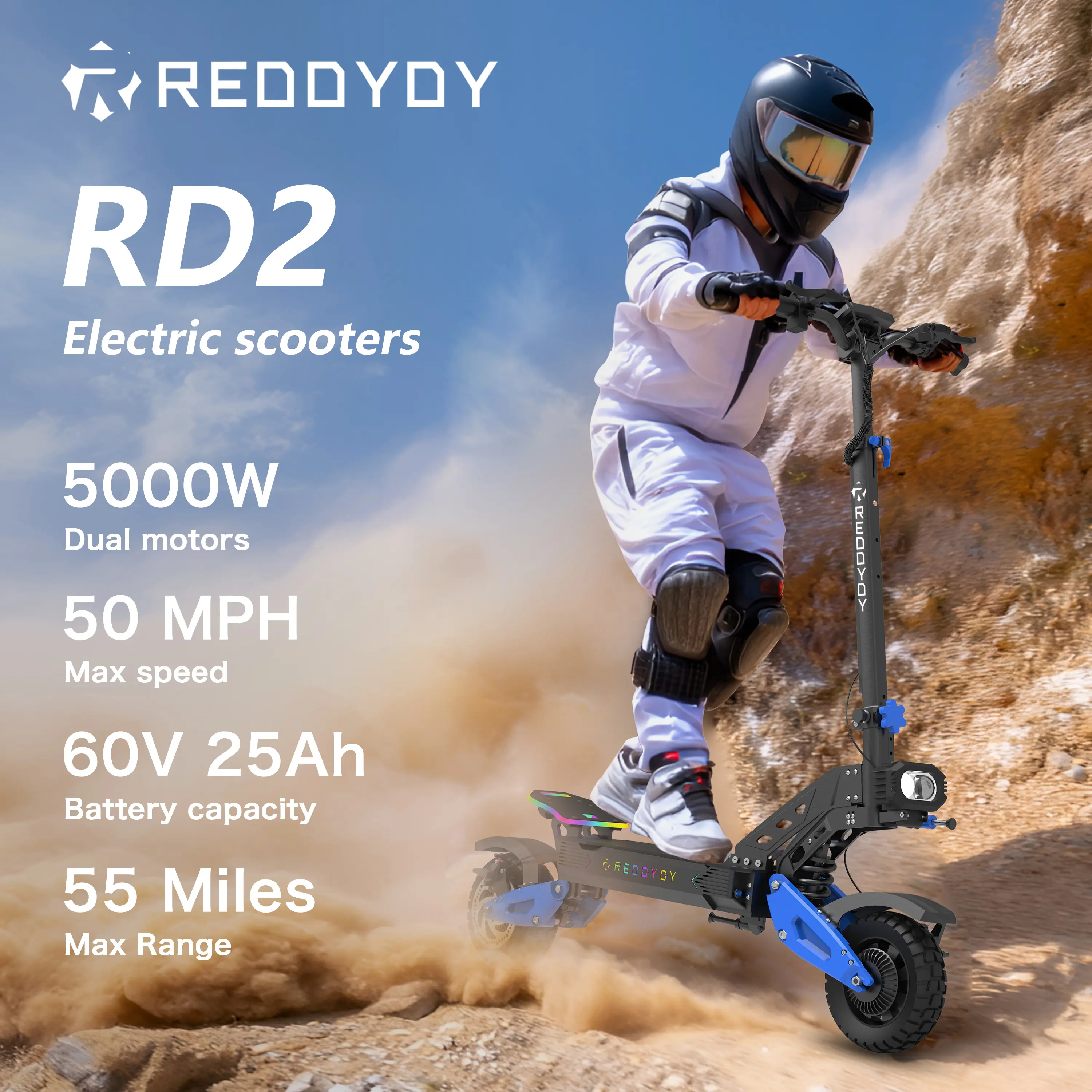 [REDDYDY] RD2 Powerful Max Pro Electric Scooter for Adults, 5000W Dual Motor, Up to 50 MPH, 60V 25Ah ,55 Miles Range, 10.5" Pneumatic Tires, Dual Hydraunlic Brackes, Foldable Commuter E-Scooter With Shock Absorption,App Smart Control,Best GIft