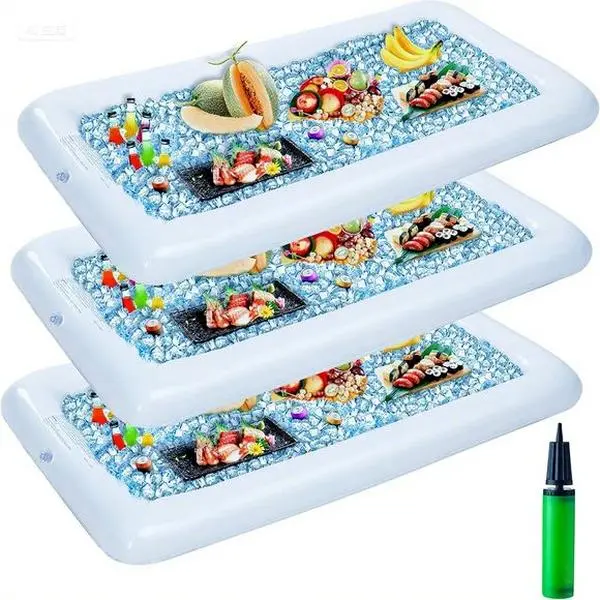 Inflatable Cooler Tray with Drain Plug, 3-Pack Reusable Ice Buffet Serving Container for Food Drinks, Portable Salad Holder for Picnic Beach Pool Party, Indoor Outdoor Summer Essentials, Leakproof Design