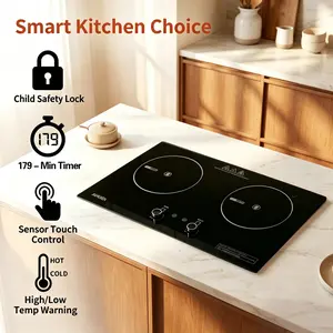 BAMUSEN 2-Burner Small Induction Hobs - Multifunction Portable Electric Cooktop with Sensor Touch Control, Child Safety Lock, Timer, Over-Temperature Protection for Kitchen Use