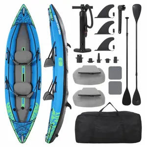 12.5FT 2-Person Inflatable Kayak for Adults, padded seats and 3 detachable fins, max load 450lbs, dog friendly. Comes with pump, carry bag and repair kit, easy assembly for lake fishing and water sports
