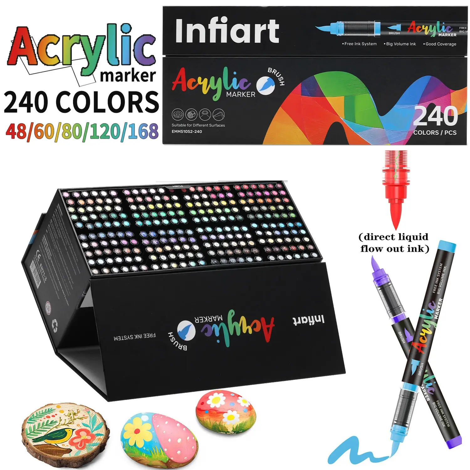 Infiart Liquid Soft Tip Acrylic Markers Set, 48/60/80/120/168/240 Colors, Free Ink System, Flexible Nib, Waterproof High Coverage, Brush Tip Acrylic, Acrylic Paint Markers, Acrylic Marker Pen, Drawing Markers