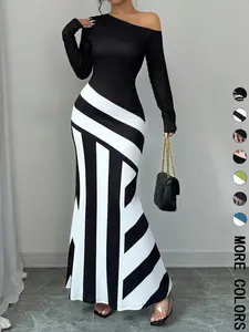 Women's Colorblock Striped Print Asymmetrical Neck Mermaid Dress, Elegant Fashion Long Sleeve Dress for Party Dating Wear, Women Dress for All Seasons, Formal Bodycon Dress