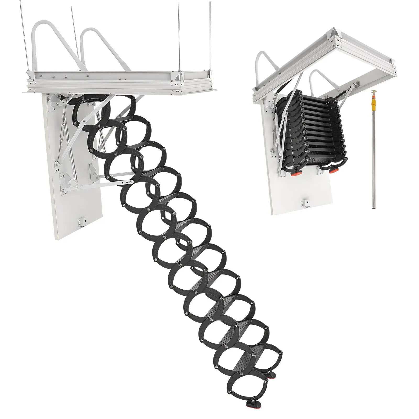 【Summerfinds】VEVOR Aluminum Alloy Steel Loft Access Pull-Down Ceiling Mount Foldable Attic Ladder, 660 lbs/299.4 kg Capacity, 8.5-9.4 ft Ceiling Fit, 39.4x27.5 in Opening, Detachable Steps, Pulling Rod, 113.7 lbs, 38.6x27.2x17.3 in, Loft Use, 38.6 X 27.2,